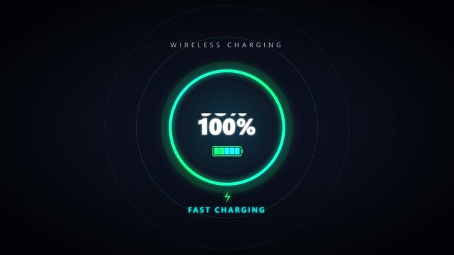 Bright green neon wireless charging indicator at 100  percent with fast charging text