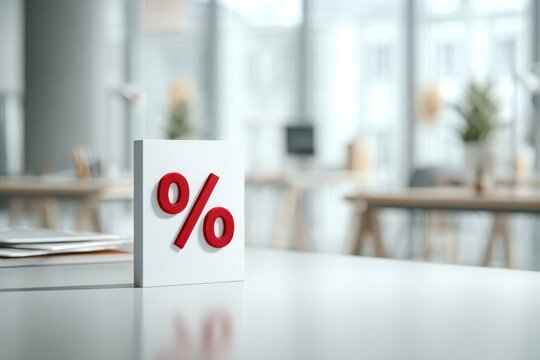 Percentage red sign object standing on white desk. Office background, copy space. Symbol percent. Seasonal sale discount. Rate for finance return. Investment ROI, credit mortgage, marketing, promotion