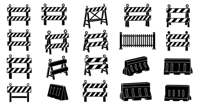 Set of construction site barriers and road fencing icons for traffic safety management and restricted area visual signage design elements
