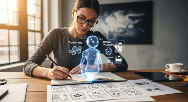 Woman designing with AI assistance at desk