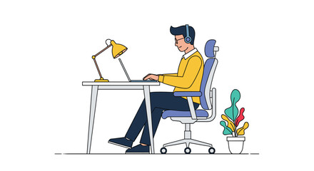 Fototapeta premium Focused man wearing headphones and glasses while working on a laptop at a white desk with a lamp and a green potted plant.