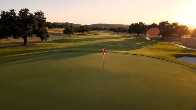 Golden hour sunlight casts long shadows across a meticulously maintained golf course fairway and putting green, showcasing rolling hills and oak trees under a warm, dusky sky, evoking