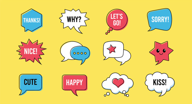 Collection of colorful comic speech bubbles and expressive shapes with text labels like thanks, sorry, kiss, and lets go.