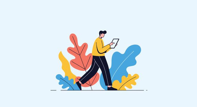 Modern flat illustration of a man walking while using a digital tablet against a background of stylized colorful autumn leaves.