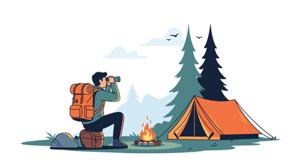 Fototapeta premium Outdoor adventure scene with a man camping, using binoculars near a tent and campfire in the mountain wilderness.