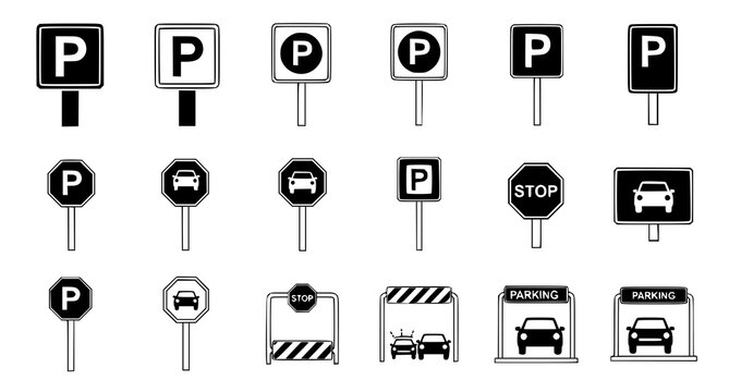 Comprehensive collection of parking and traffic road sign icons for urban planning and automotive navigation design and signage systems