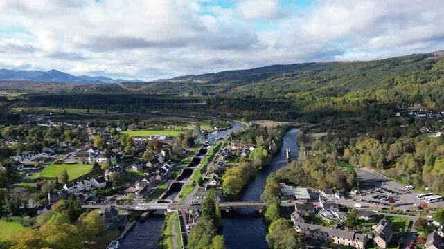 Aerial Timelapse Drone Shot Over Lock Chambers and the Settlement, Fort Augustus in the Parish of Boleskine and Abertarff, South‑West End of Loch Ness -50% speed