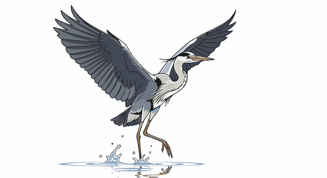 Majestic gray heron takes flight, wings spread, legs dangling above water