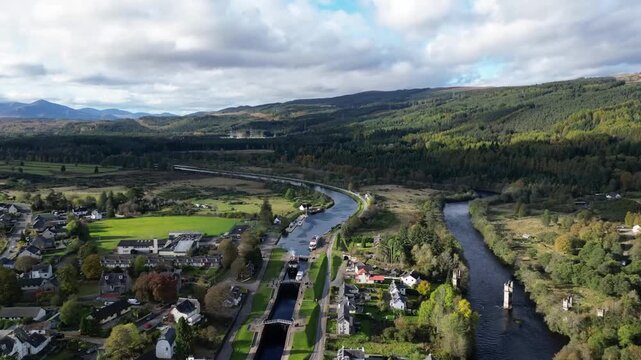 Aerial Timelapse Drone Shot Over Lock Chambers and the Settlement, Fort Augustus in the Parish of Boleskine and Abertarff, South‑West End of Loch Ness