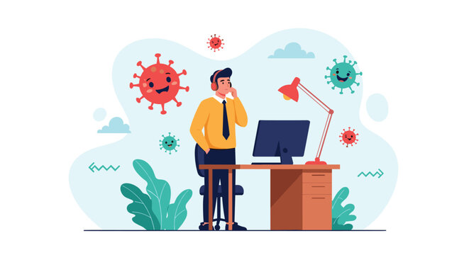 Worried office employee sitting at his desk and working on a computer while large virus particles float in the air around him during an outbreak.