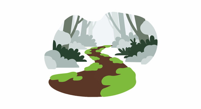 A winding dirt path with green moss patches leads through a misty forest scene