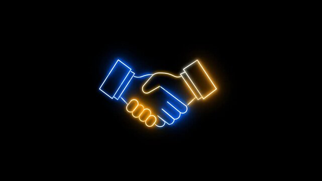  Neon Business Handshake Animation Icon On Black Background. Animated Glowing Symbol of  Partnership, Agreement, Trust And Business Collaboration. 