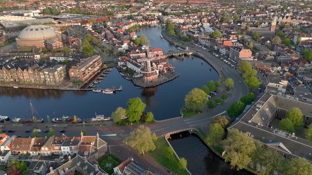 Windmill De Adriaan, since 1779. Old Windmill from the 18th century in Haarlem, Netherlands. Aerial View at Sunset time