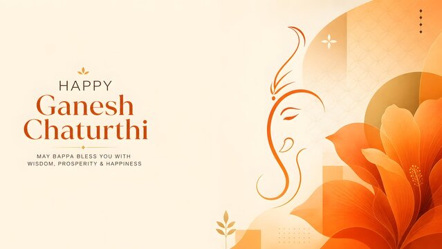 Minimalist Abstract Lord Ganesha Face Outline with Translucent Hibiscus Flowers for Modern Ganesh Chaturthi Elegant Banner, Contemporary Celebration Greeting Layout, and Warm Background