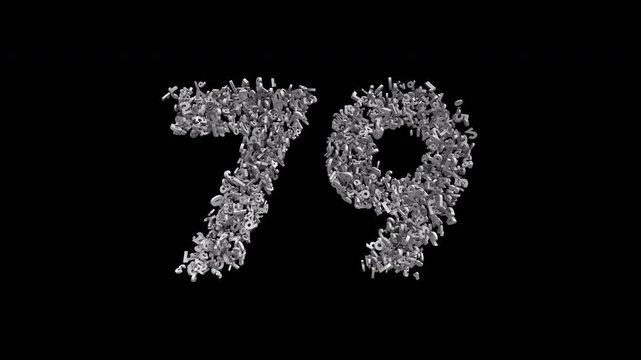 Number 79 Formed by Small Digits Animation with Alpha Channel. Typographic Number Formation Effect. Digital Number Made of Numbers. 3D Font Typographic Animation. Transparent BG