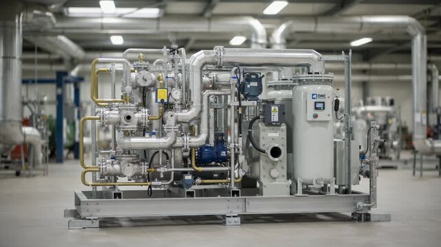 Medium shot focusing on a skidmounted organic Rankine cycle ORC unit emphasizing modular design and seamless integration with existing plant infrastructure