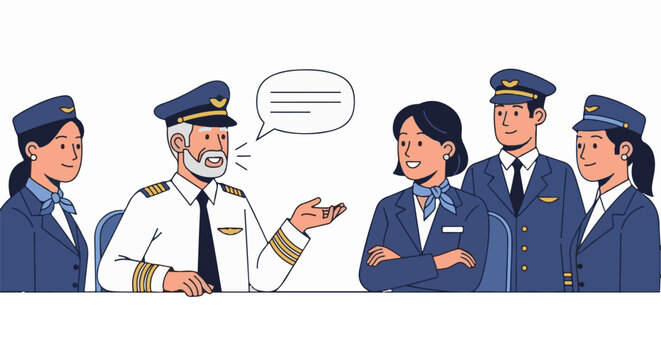 Diverse aviation crew in uniform conversing on a white background