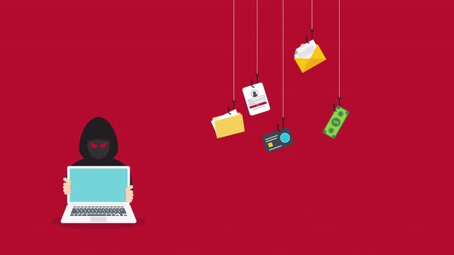 Hacker with laptop computer stealing confidential data, personal information and credit card detail. Hacking concept.	