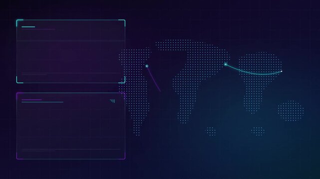 Digital map with question marks and data panels in futuristic dark blue and purple
