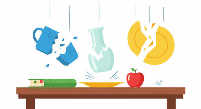 Broken objects falling onto a table with a book, apple, and plate