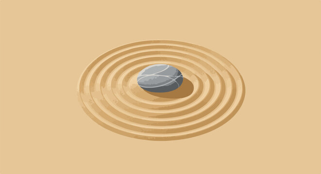 A zen garden with concentric sand ripples and a single grey stone