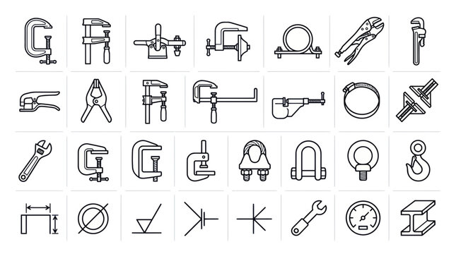 Industrial Tools and Hardware Icons: Clamps, Wrenches, Fasteners, and Symbols