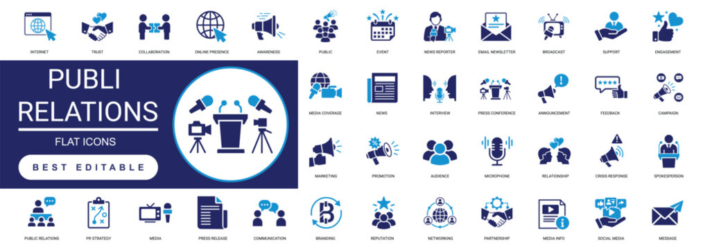 public relations solid icon set. communication, marketing, media, strategy, branding, broadcast, reputation, network. editable vector illustration.