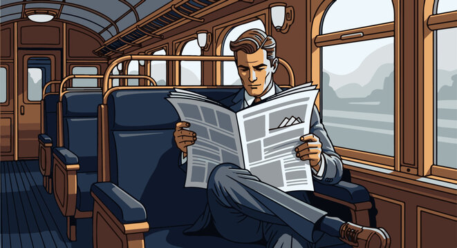 Elegant man in suit reads newspaper inside vintage train carriage