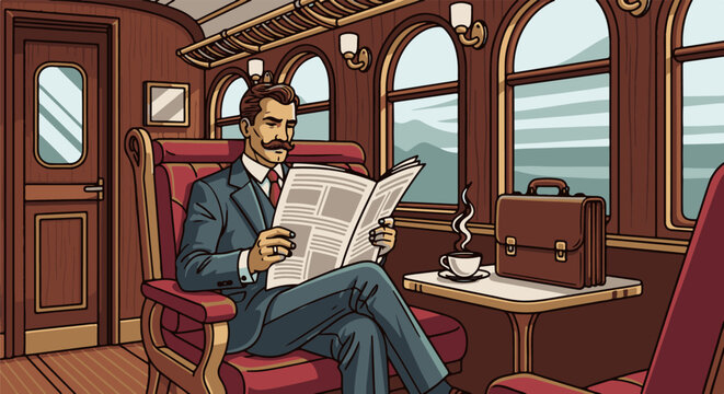 Gentleman reads newspaper in vintage train car with coffee and briefcase