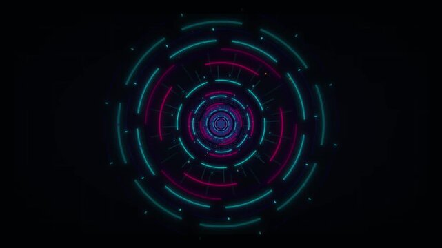 Futuristic digital circular interface with glowing neon lines and dark background