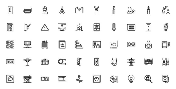 Electrician icon set. Minimal line icons pack. Featuring light switch, wire, lightbulb, cable, crimping pliers, shield, chandelier, house, electric meter, socket and more. Editable stroke.