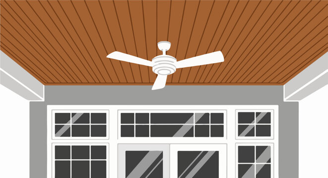 Ceiling fan above windows under a wood planked roof