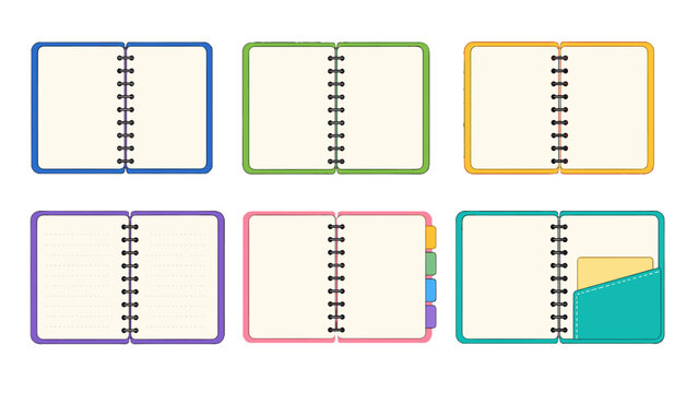 Set of open spiral notebooks with different page layouts