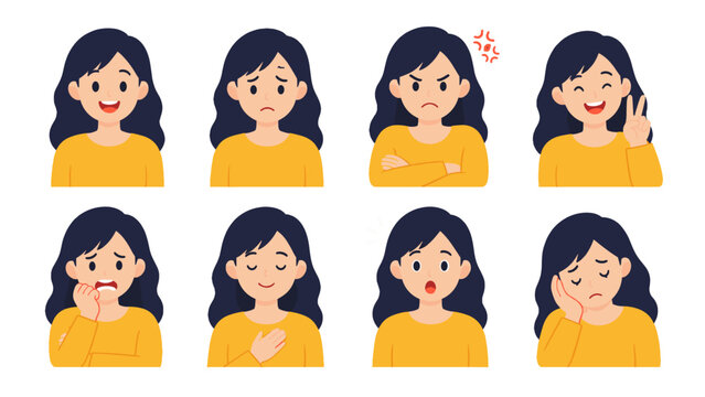 Set of woman facial expressions and gestures in flat vector style