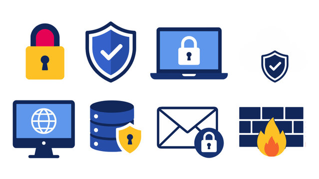 Cyber security and data protection icon set in flat vector style
