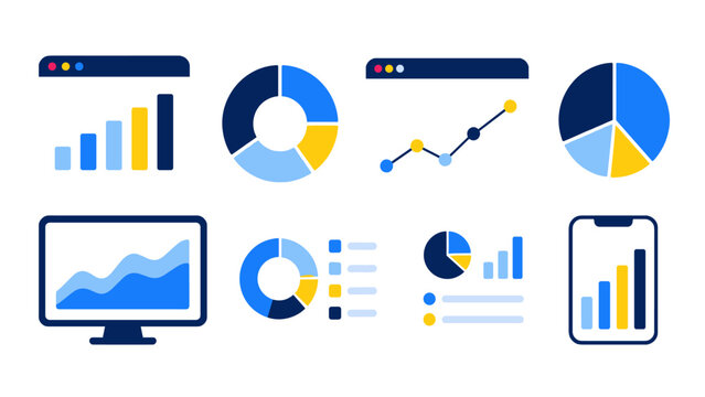 Analytics dashboard and chart icons set in blue and yellow
