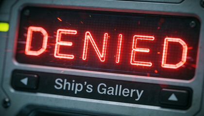 Obraz premium Displaying rectangular screen showing red DENIED on ship console, with Ship's Gallery and arrows