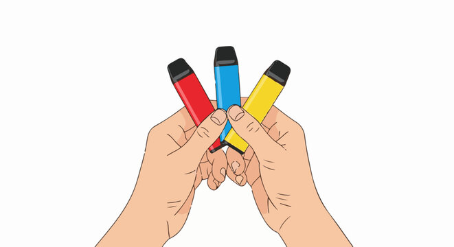 Hands holding colorful vaping devices