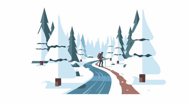 Hiker traverses a snow-covered forest path with pine trees