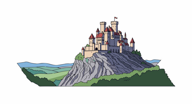 Stylized illustration of a grand stone castle perched atop a rugged cliff overlooking rolling hills