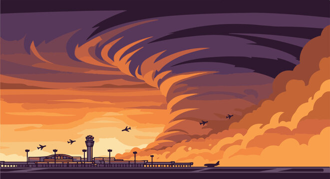 A dramatic pixel art scene depicts a massive tornado forming over an airport