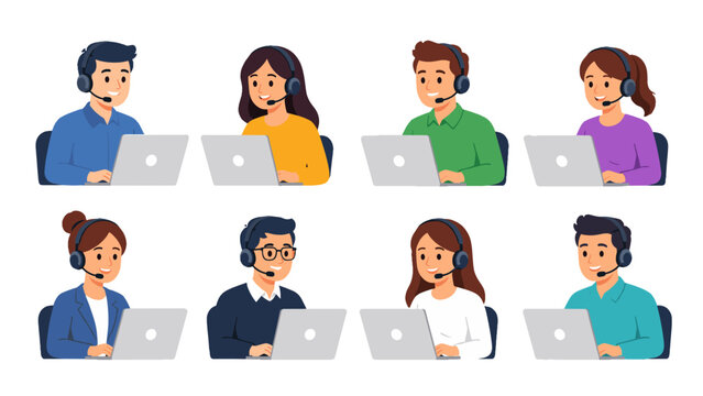 Set of customer service agents with headsets and laptops