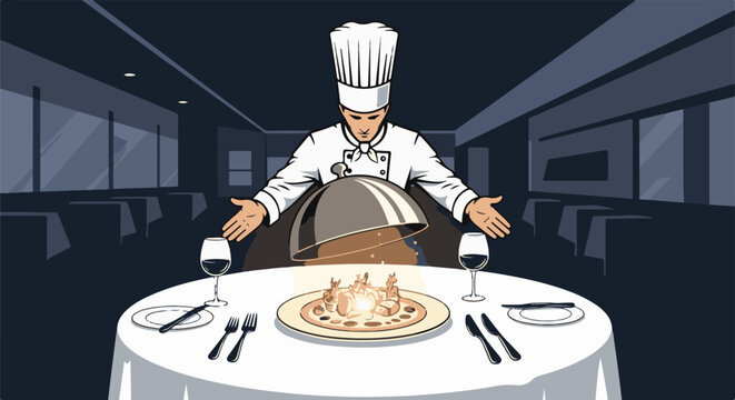 A chef unveils a delicious meal at a fancy restaurant table setting