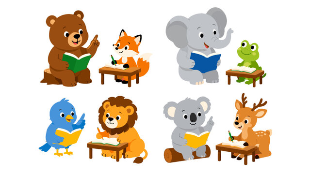 Cute cartoon forest animals reading books and writing