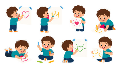Cute boy drawing heart and crown in colorful cartoon set