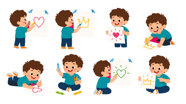 Cute boy drawing heart and crown in colorful cartoon set