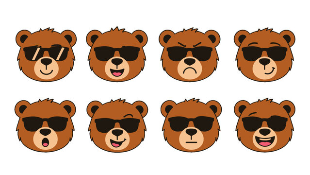 Set of cartoon bear faces wearing sunglasses with expressions