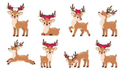 Cute cartoon reindeer set with festive decorated antlers © Alan