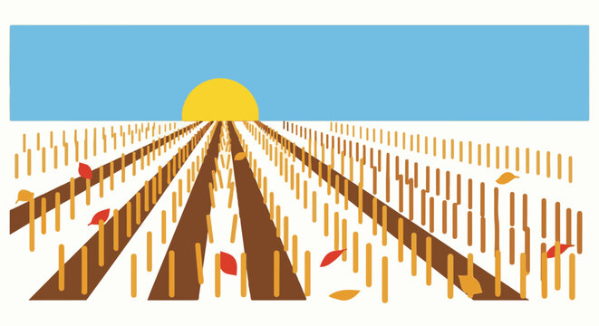 Stylized autumn field at sunset with fallen leaves and stubble