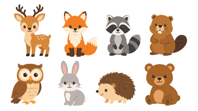 Cute woodland animal cartoon set with deer fox raccoon and bear